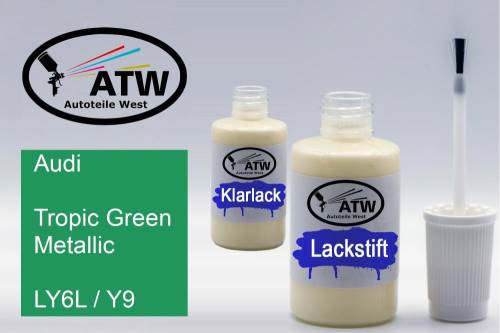 Audi, Tropic Green Metallic, LY6L / Y9: 20ml Lackstift + 20ml Klarlack - Set, von ATW Autoteile West.